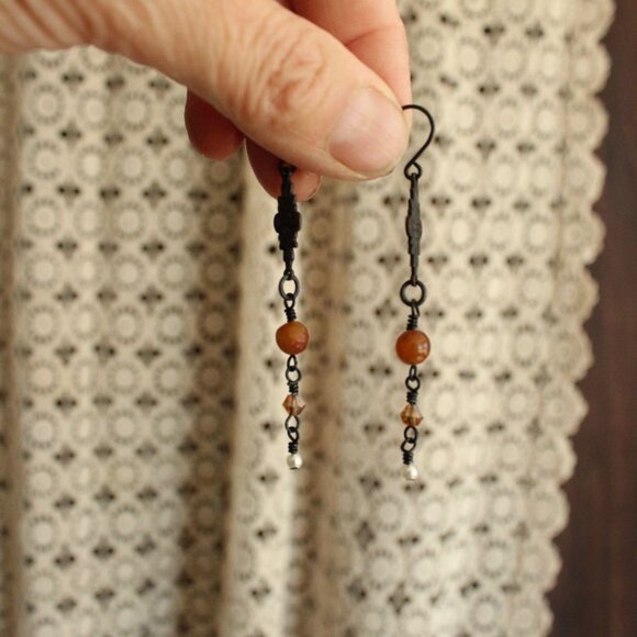Handmade Women's Earrings, Black Metal with Brown Beads and a Faux Pearl Dangles - Picture 2 of 10